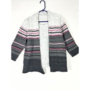 Alfred Dunner Wool Blend Cardigan Sweater Knit Striped Pink Women Gray/Pink Sz L